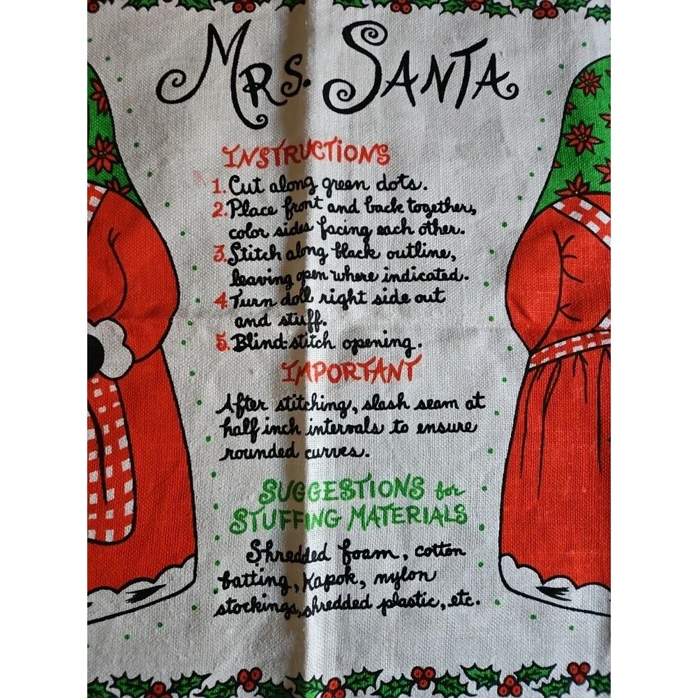 Vintage Cut & Sew Fabric MRS. SANTA Pillow Pattern By Betsy Warren